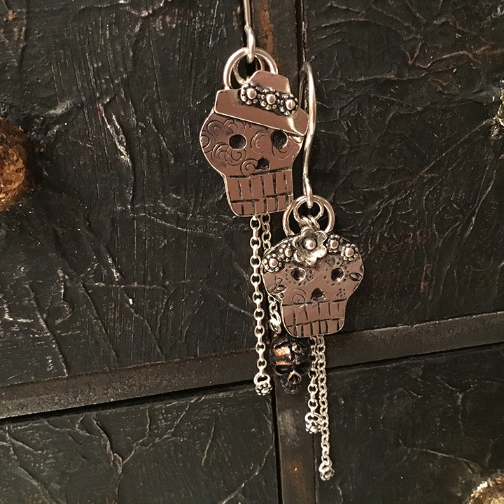 Handmade Sterling Silver Sugar Skull Drop Earrings With Textured Embellishments